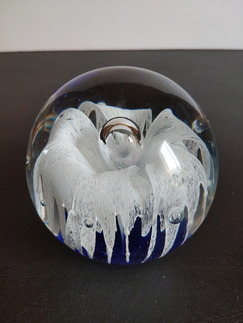 Art Glass Paperweight White Ghost Flower Controlled Bubbles Vobalt Blue Base